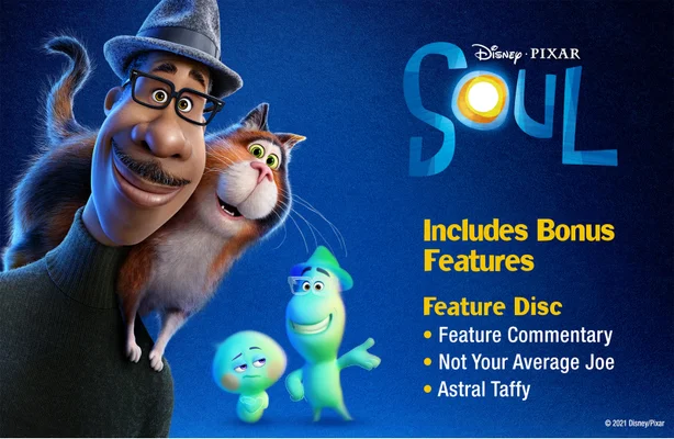 Banner, das die Seele fördert. Der Text auf dem Banner lautet Disney Pixar Soul. Enthält Bonusfunktionen. Feature-Disc. Feature-Kommentar, Not Your Average Joe, Astral Taffy