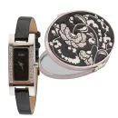 Oasis Women's Diamante Black Strap Watch & Compact Mirror Set Bild 1