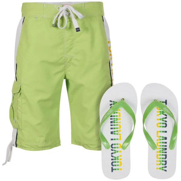 Tokyo Laundry Herren Kiholo Board Short Mit Flip Flops - Grün - S - Grüngelb Bild 1