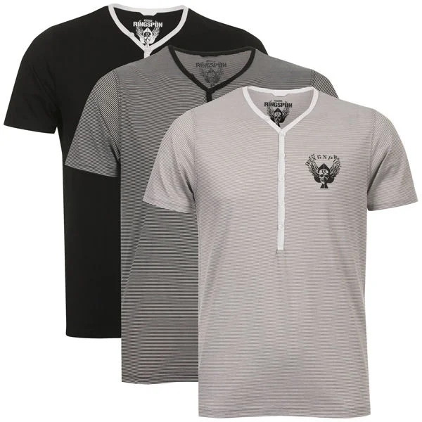 Ringspun Men's 3-Pack Meteor Short Sleeve Grandad T-Shirt - Black Striped/Black/Grey Striped - S Bild 1