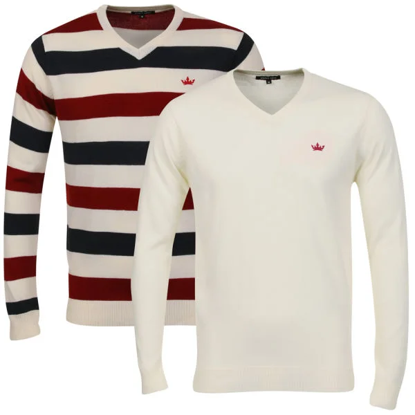 Brave Soul Men's 2 Pack V Neck Knit - Off White, Navy & Red Stripe - S - Red / Navy Bild 1