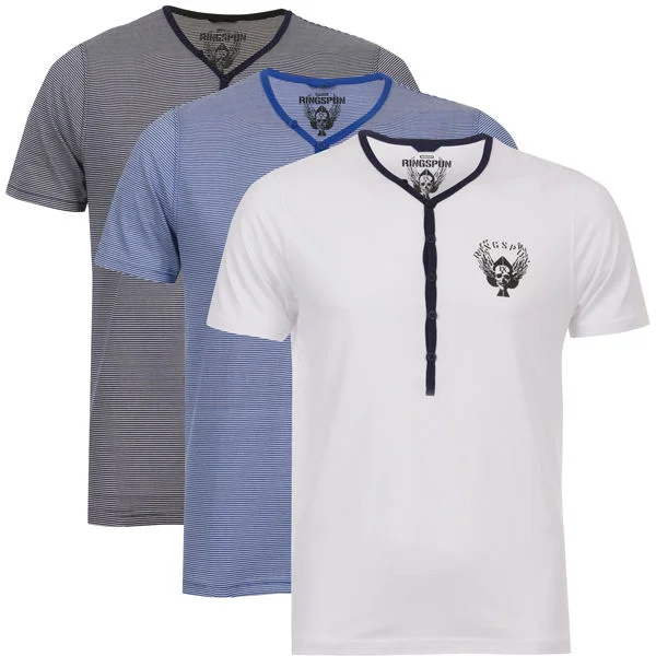 Ringspun Men's 3-Pack Meteor Short Sleeve Grandad T-Shirt - Navy Striped/White/Royal Striped - S - Navy Striped/White/Royal Striped Bild 1
