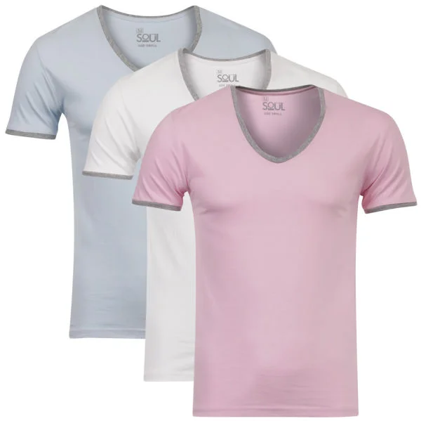 55 Soul Men's 3-Pack V-Neck T-Shirt - White/Pink/Blue - S - Bunt Bild 1