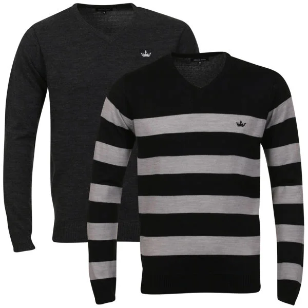 Brave Soul Men's 2 Pack V Neck Knit - Black & Light Grey Marl Stripe - S - Black / Grey Marl Bild 1