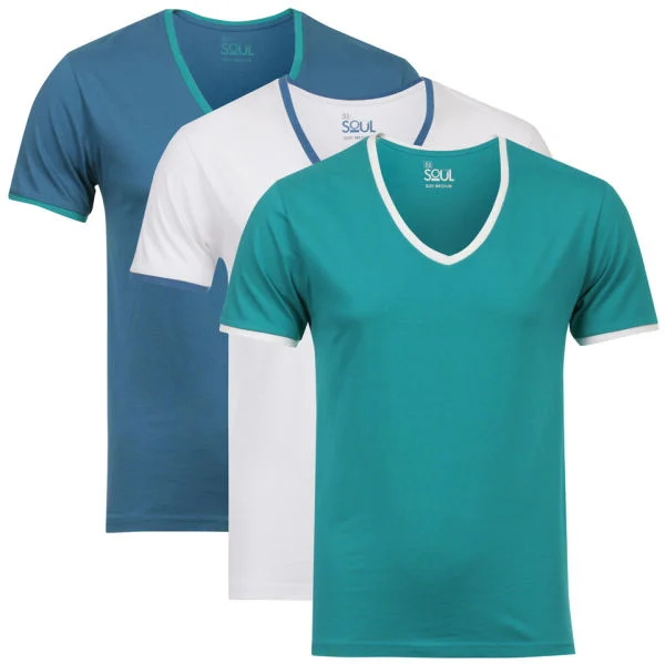 55 Soul Men's 3-Pack V-Neck T-Shirt - Green/White/Blue - S - Bunt Bild 1