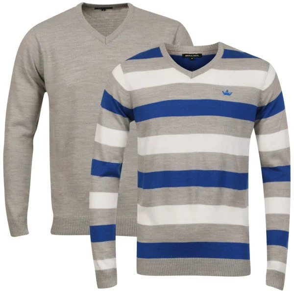 Brave Soul Men's 2 Pack V Neck Knit - Light Grey, Royal & White Stripe - S - Grey/ Royal / White Bild 1