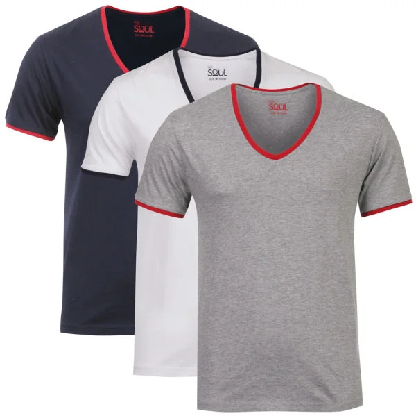 55 Soul Men's 3-Pack V-Neck T-Shirt - Navy/Grey Marl/White - S - Bunt Bild 1