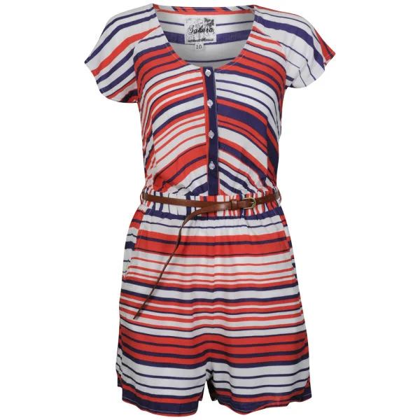 Sakura Women's Playsuit with Belt - Coral/White/Navy Stripe - 8 - Coral/White/Navy Stripe Bild 1