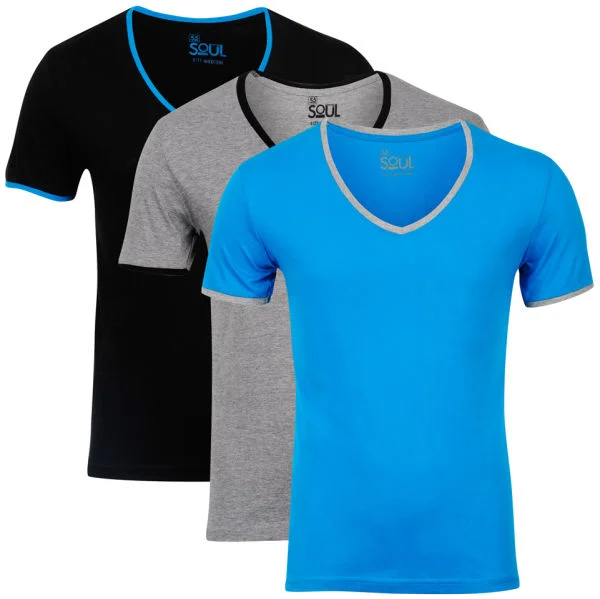 55 Soul Men's 3-Pack V-Neck T-Shirt - Blue/Grey Marl/Black - S - Bunt Bild 1