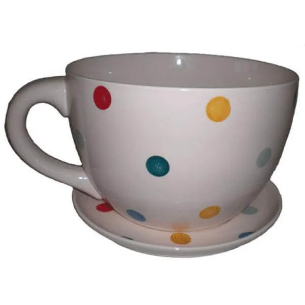 Giant Cream with Multi Coloured Spots Tea Cup and Saucer Planter - Great Gift Bild 1