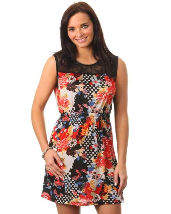 Iska Ladies Lace Panel Dress with Red Pattern - Black - S - Schwarz Bild 1
