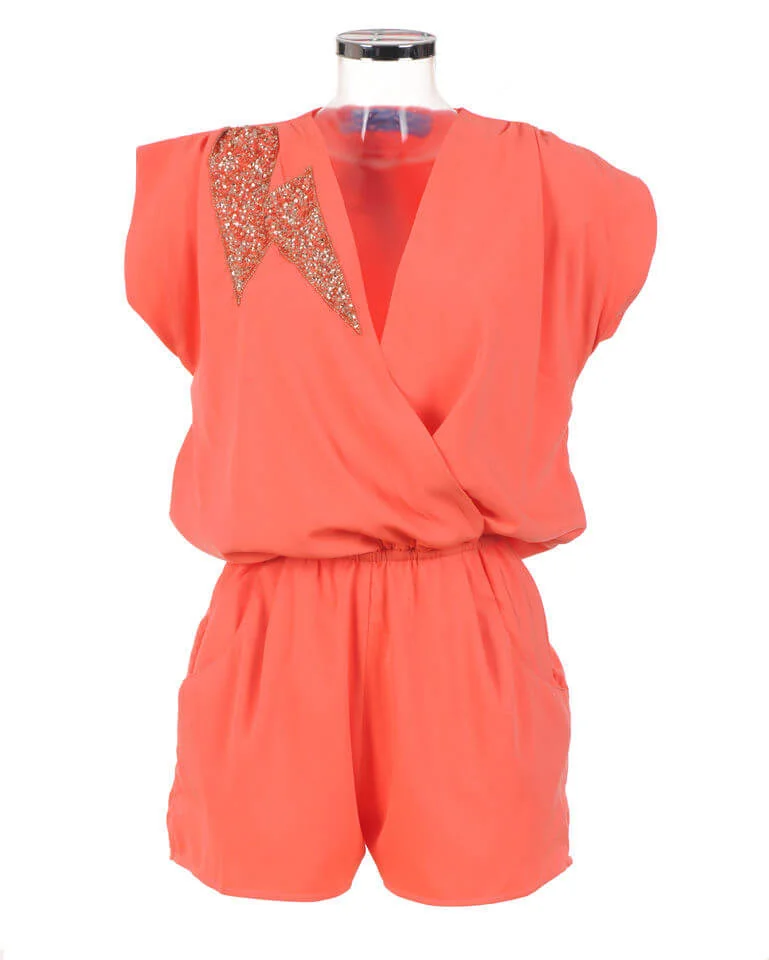 Liquorish Sequin Embelishment Playsuit - Coral/Gold - S - Gold Bild 1