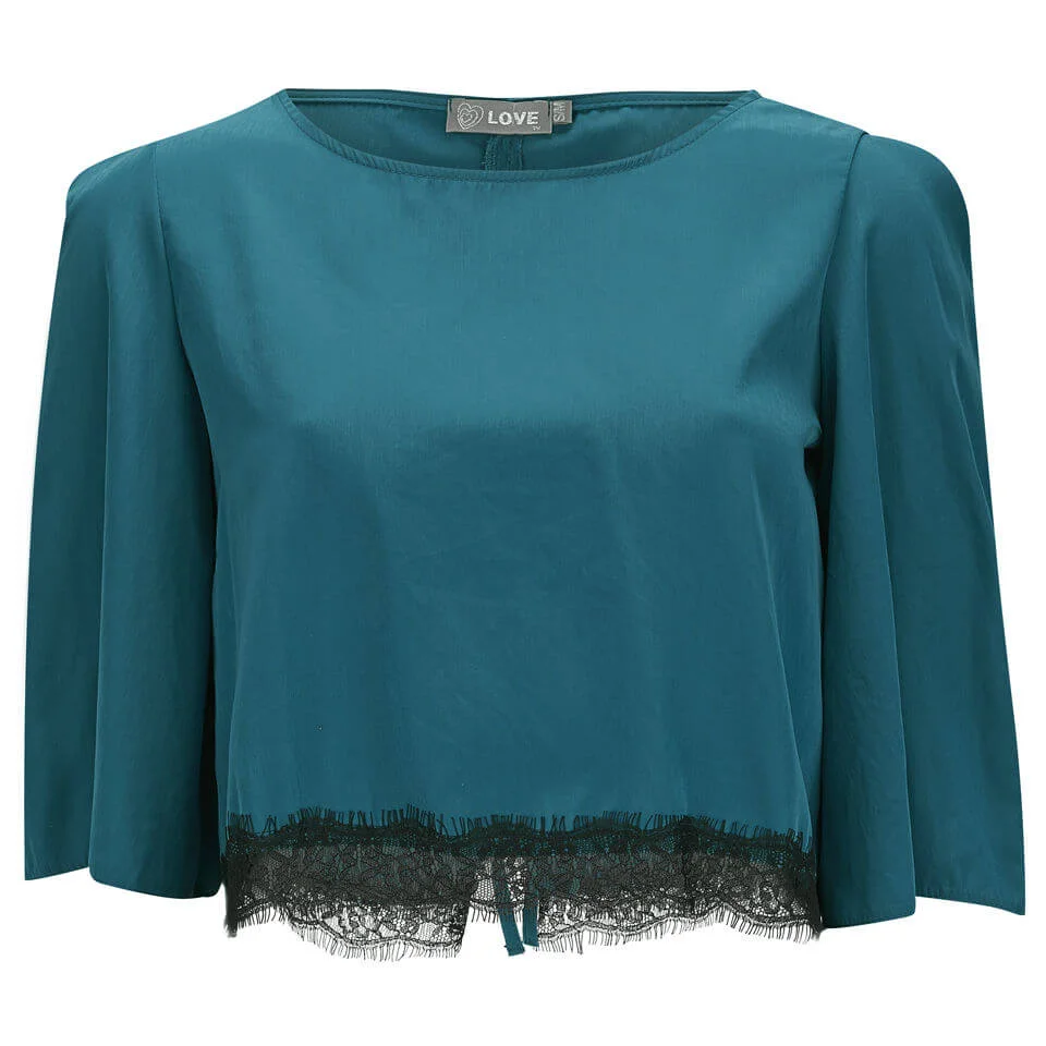LOVE Women's Lace Edge Tie Back Crop Top - Blue - M-L Bild 1
