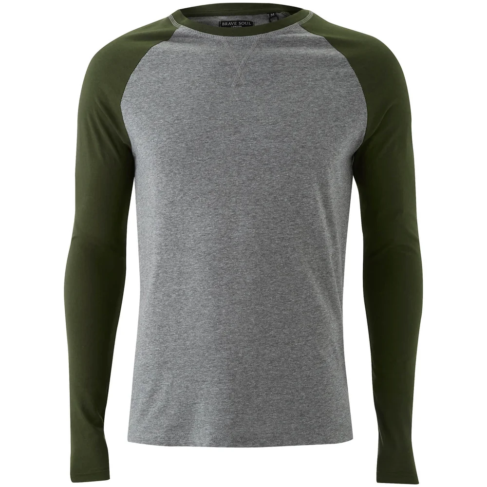 Brave Soul Men's Osbourne Raglan Long Sleeve Top - Mid Grey/Khaki - S - Grün Bild 1