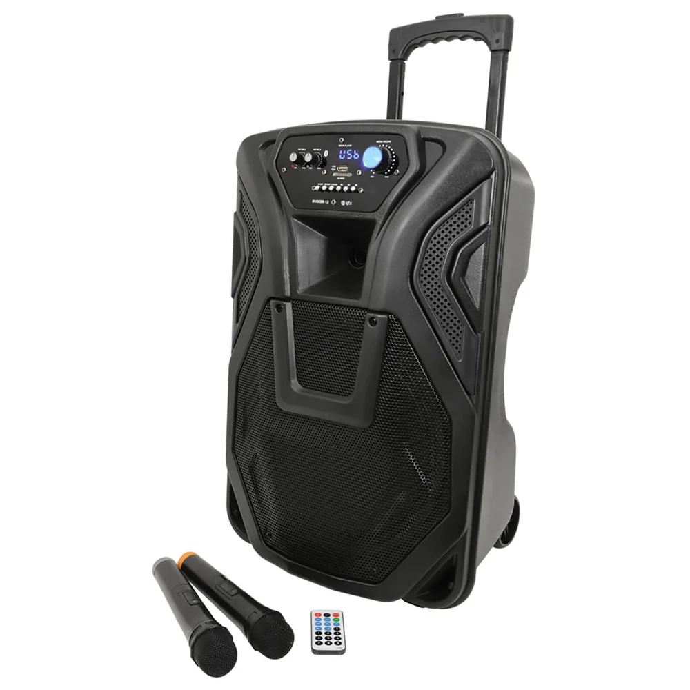 QTX Busker Bluetooth PA System with 2x VHF Mics and Built-in Trolley - Black (12 Inch Driver) Bild 1