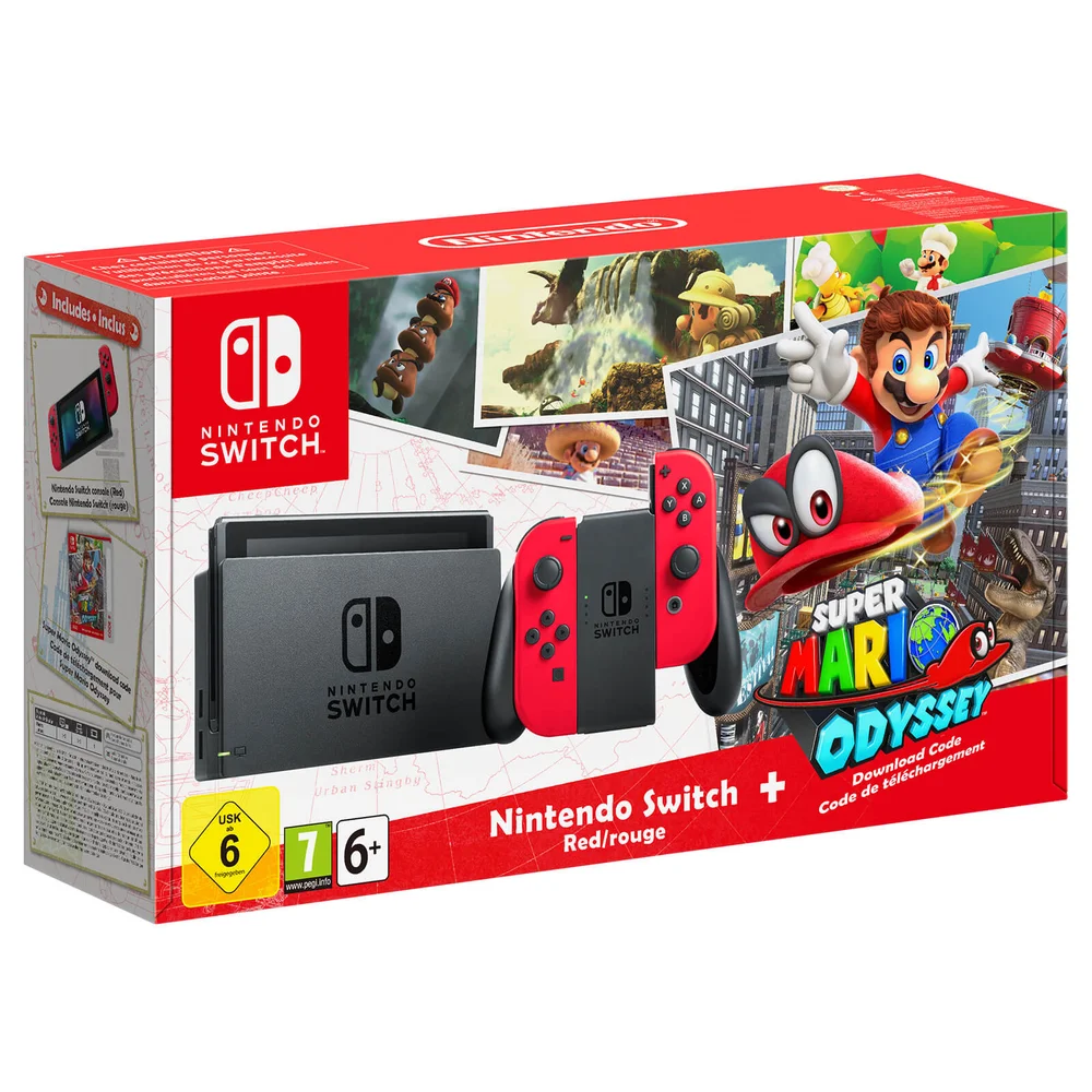 Nintendo Switch with Red Joy-Con Controllers + Super Mario Odyssey Bild 1