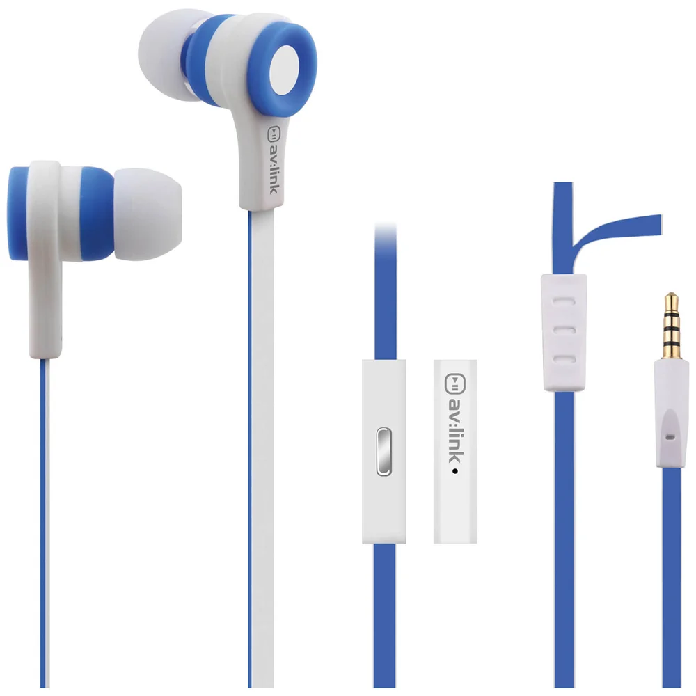 AV: Link Rubberised Tangle Free Cable Earphones with Mic - White/Blue Bild 1