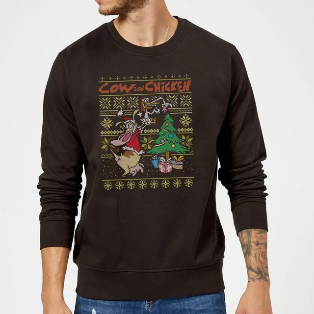 Cow and Chicken Cow And Chicken Pattern Weihnachtspullover – Schwarz