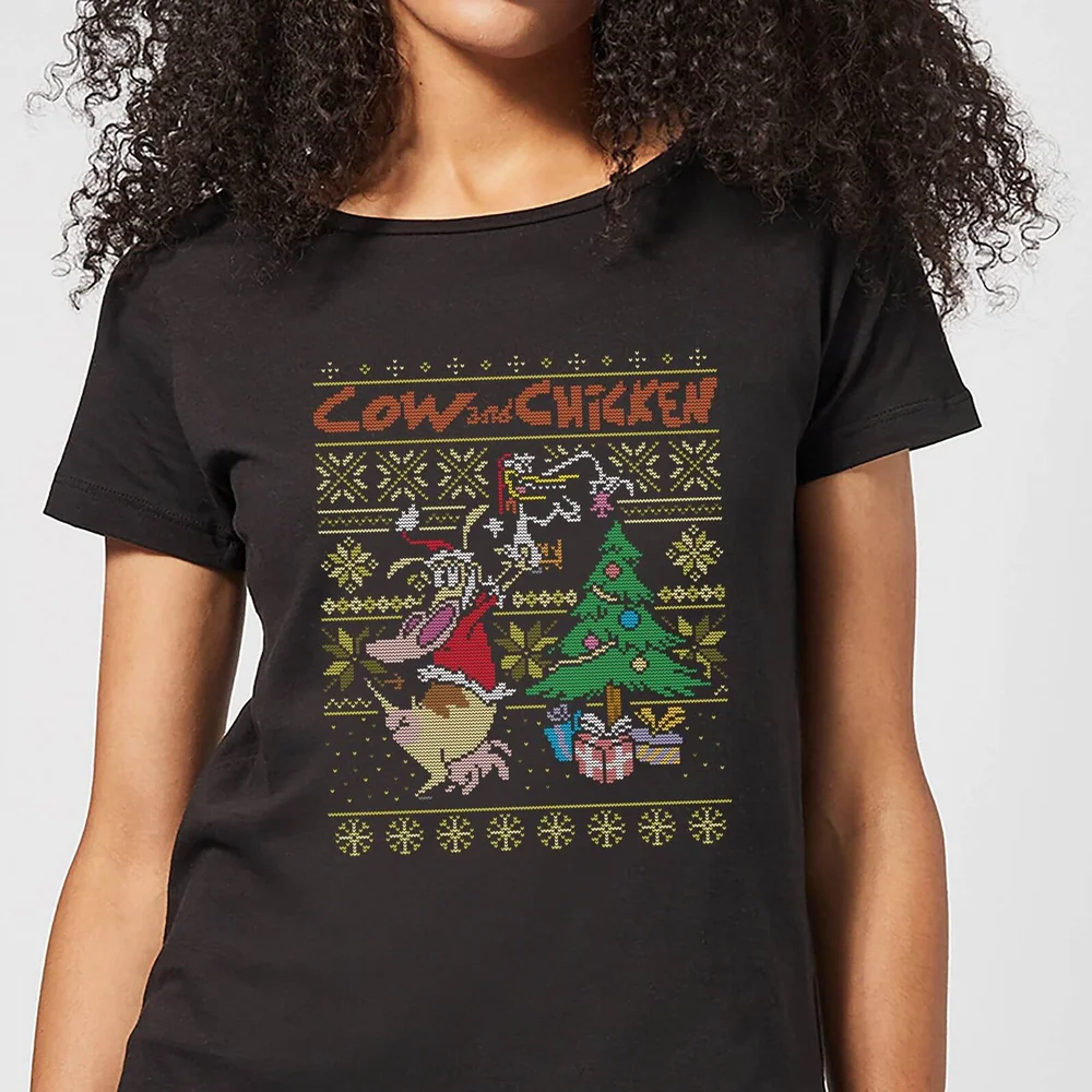 Cow and Chicken Cow And Chicken Pattern Women's Christmas T-Shirt - Black - XS Bild 1