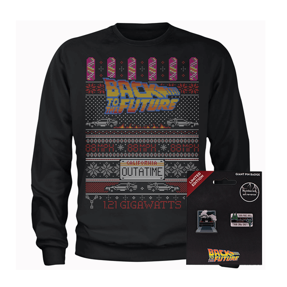 Back To The Future OUTATIME Men's Christmas Sweatshirt and Pin Badge Bundle - S - Schwarz Bild 1