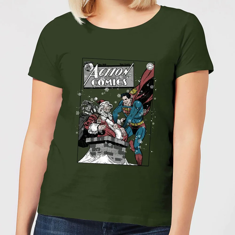 DC Superman Action Comics Damen Christmas T-Shirt - Dunkelgrün - XS Bild 1