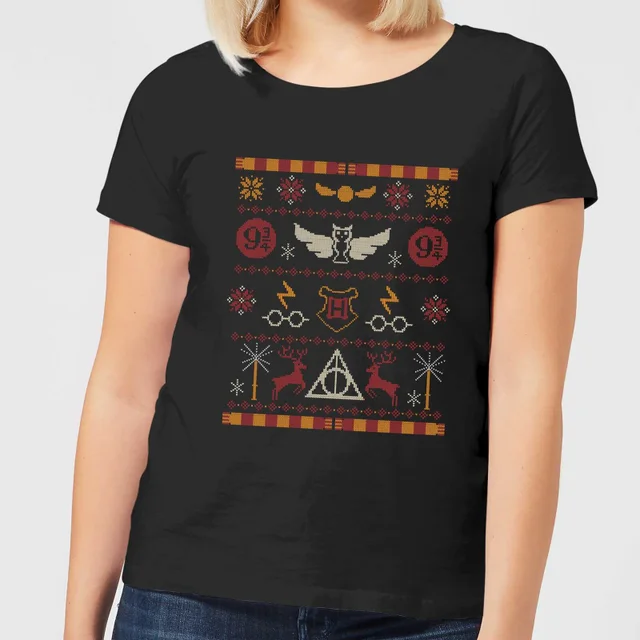 Harry Potter Knit Damen Christmas T-Shirt - Schwarz