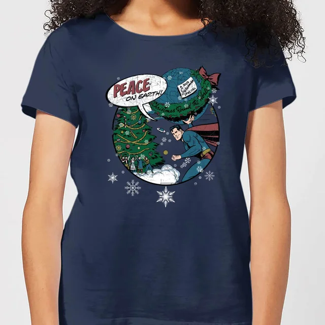 DC Superman Peace On Earth Damen Christmas T-Shirt - Navy Blau