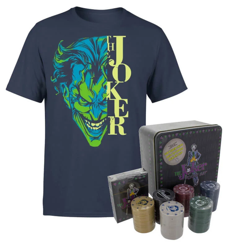 DC Comics Batman Split Joker Stare Navy T-shirt & Joker Poker Set - Men's S - Marineblau Bild 1