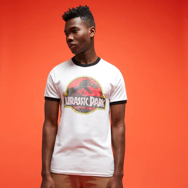 Jurassic Park Primal Vintage Logo Unisex Ringer T-Shirt - Weiß / Schwarz