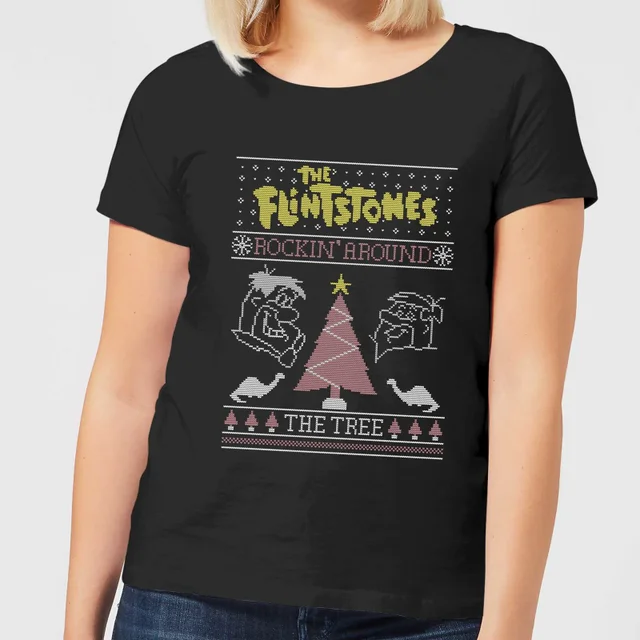 Flintstones Rockin Around The Tree Women's Christmas T-Shirt - Black