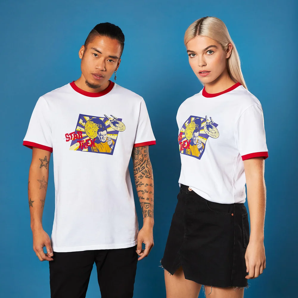 Retro Captain Kirk Star Trek T-shirt - Weiß/ Rot Ringer - S Bild 1