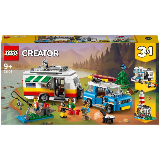 LEGO 31108 Creator 3-in-1 Campingurlaub Spielset mit Auto, Wohnmobil, Campingbus, Leuchtturm, Sommer-Bauspielzeug