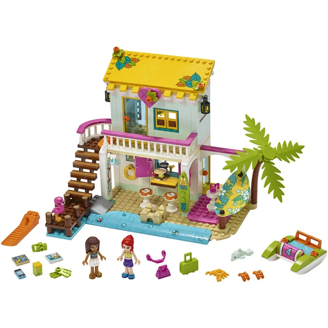 LEGO 41428 Friends Strandhaus mit Tretboot Set, Puppenhaus mit Mini Puppen Andrea & Mia und 2 Tierfiguren, Spielzeug ab 6 Jahren