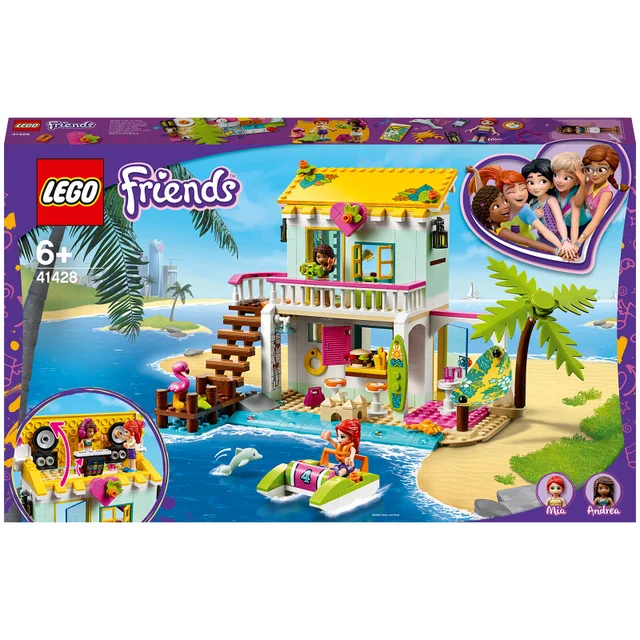 LEGO 41428 Friends Strandhaus mit Tretboot Set, Puppenhaus mit Mini Puppen Andrea & Mia und 2 Tierfiguren, Spielzeug ab 6 Jahren