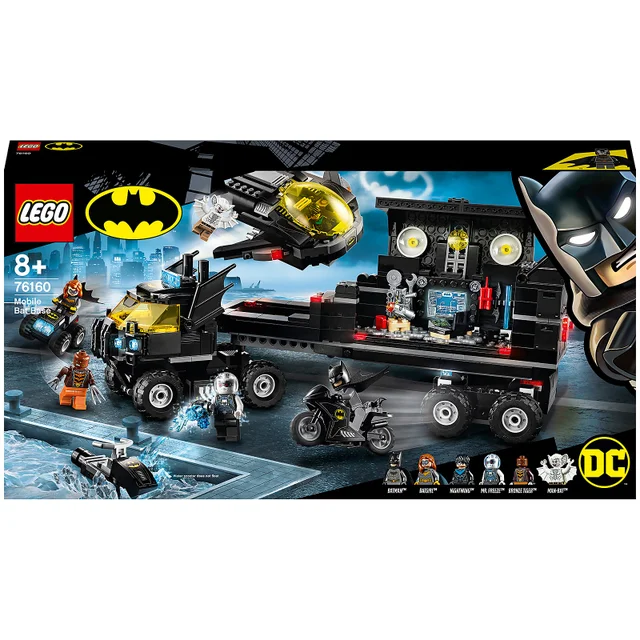 LEGO 76160 Super Heroes DC Batman Mobile Batbasis, Truck Spielzeug mit Batjet, Batquad, Motorrad und Wasserflitzer
