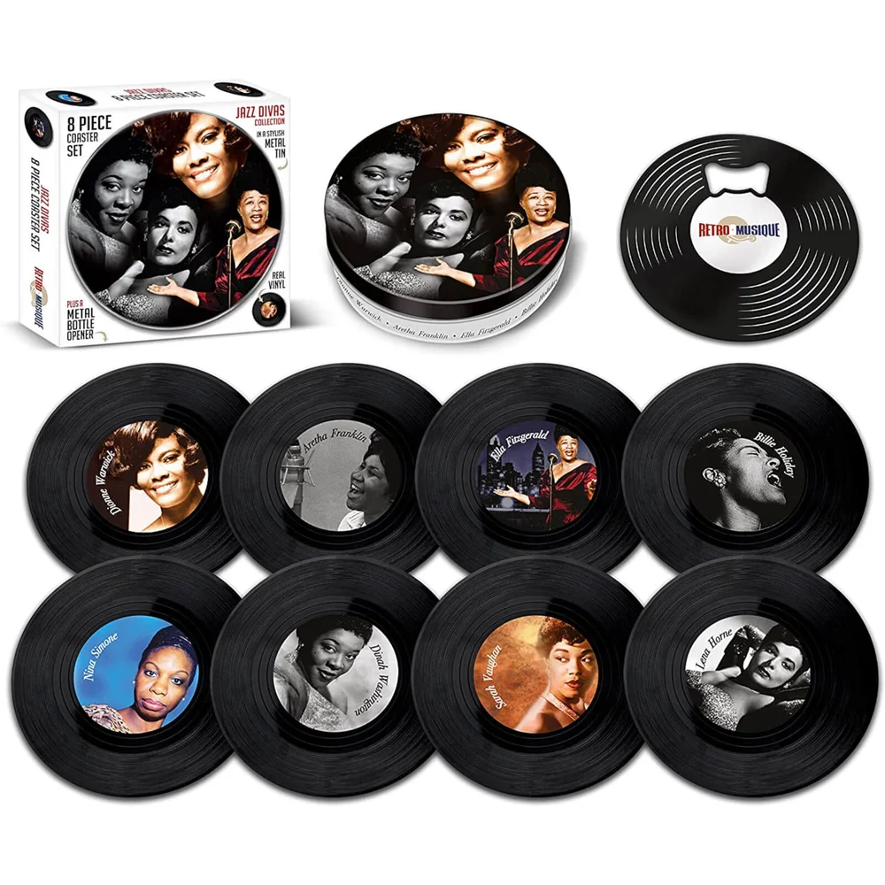 8-teiliges Untersetzer-Set aus Blech mit Jazz-Diven Bild 1