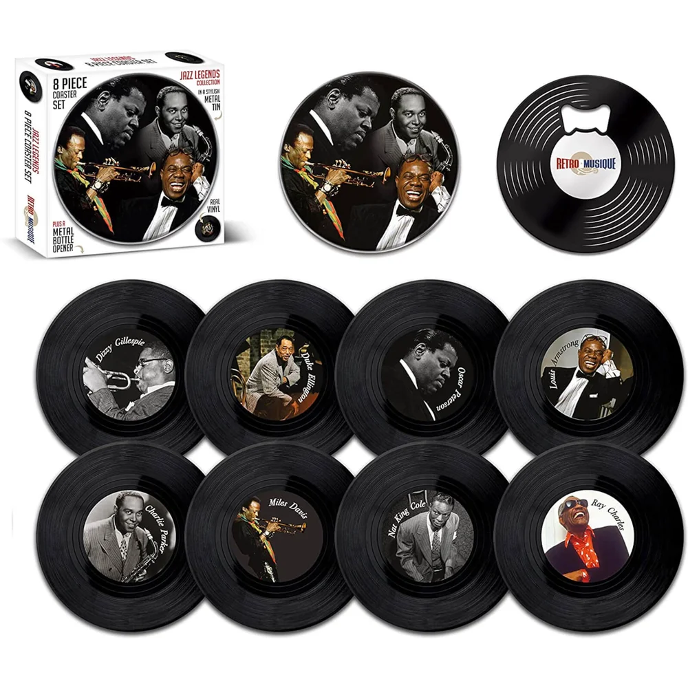 8-teiliges Untersetzer-Set aus Blech mit Jazz-Legenden Bild 1