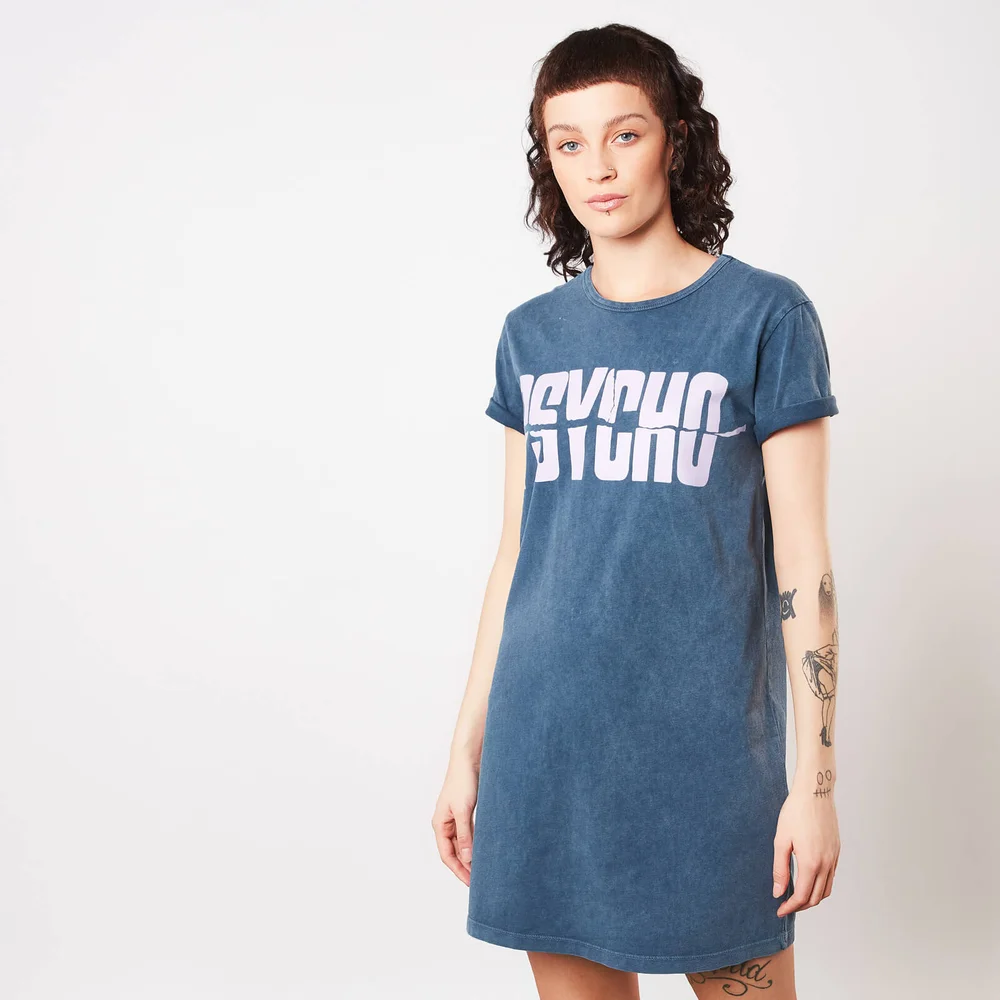 Psycho Logo Embroidered Women's T-Shirt Dress - Navy Acid Wash - XXL Bild 1