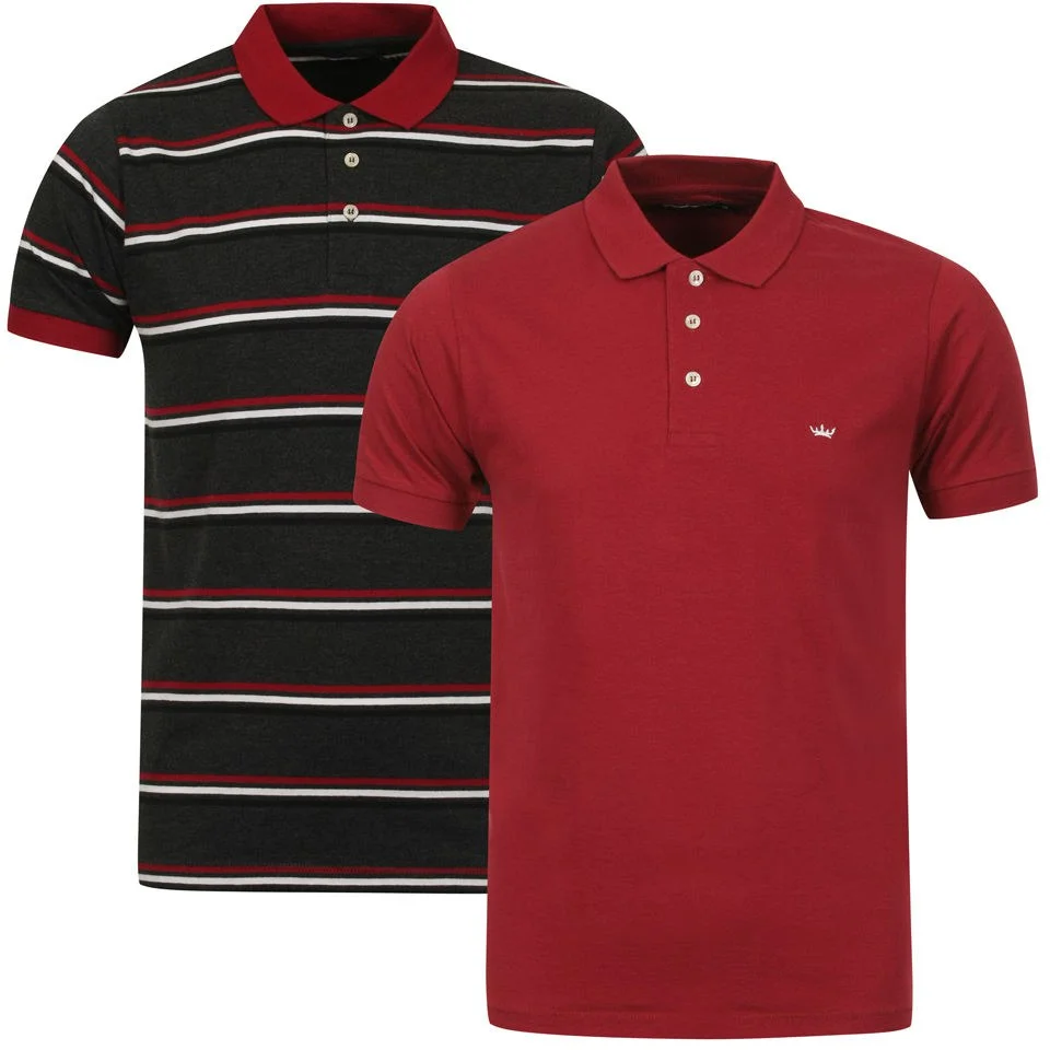 Brave Soul Men's Lusitania 2-Pack Polo Shirts - Burgundy/Charcoal Marl/Navy Stripe & Burgundy - S - Burgundy/Charcoal Marl/Navy Bild 1