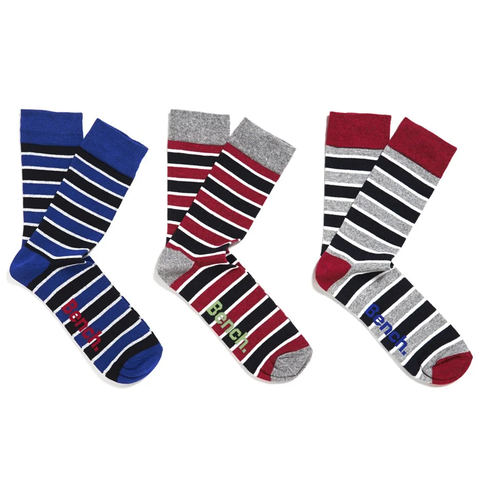 Bench Men's 3-Pack Striped Socks - Red/Grey/Blue - UK 7-11 - Red/Grey/Blue Bild 1