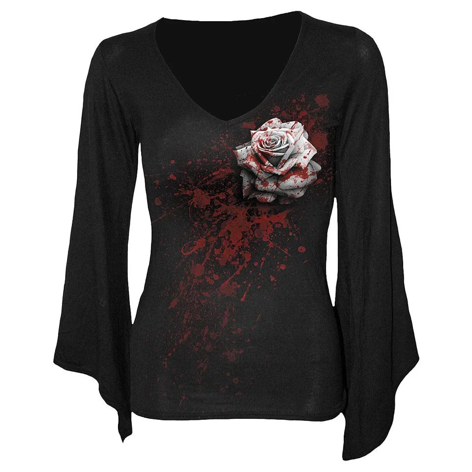Spiral Women's WHITE ROSE V Neck Goth Sleeve Top - Black - M - Schwarz Bild 1