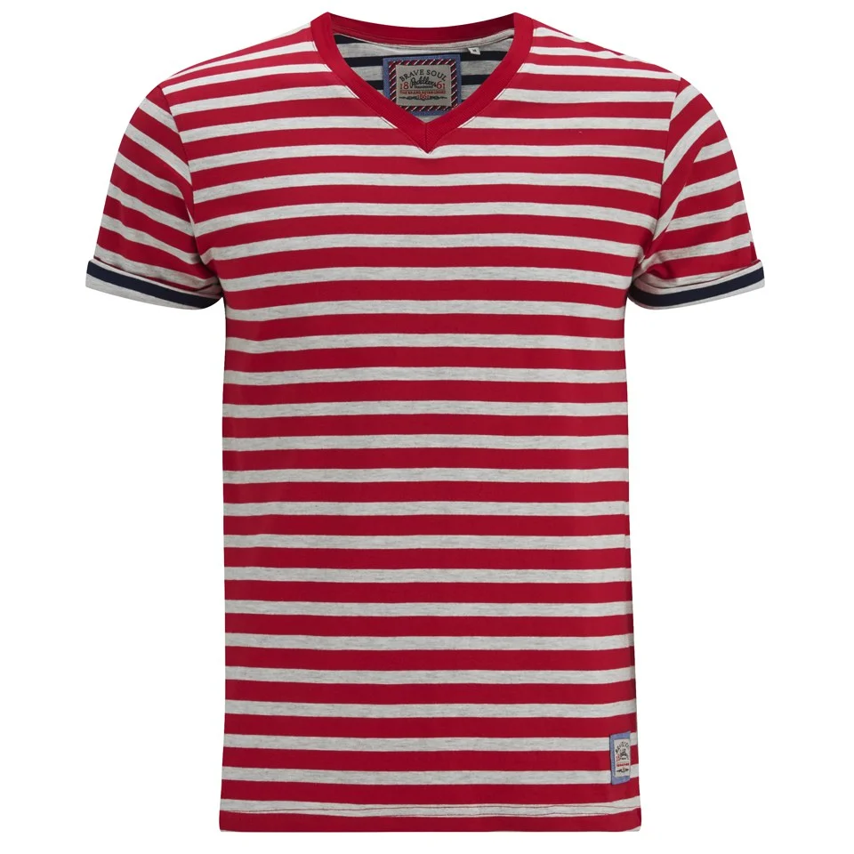 Brave Soul Men's Boson Striped V Neck T-Shirt - Red Marl - S - Rot Bild 1