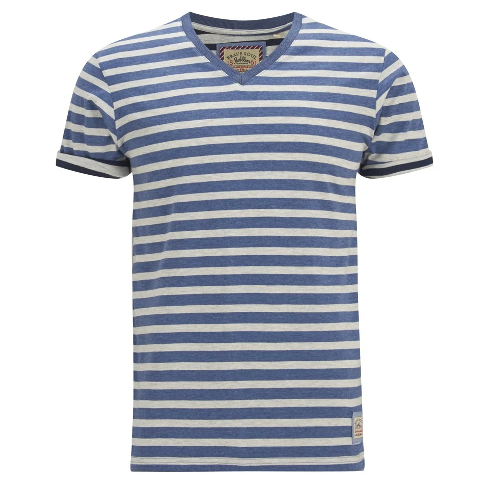 Brave Soul Men's Boson Striped V Neck T-Shirt - Dusty Blue Marl - S - Blau Bild 1