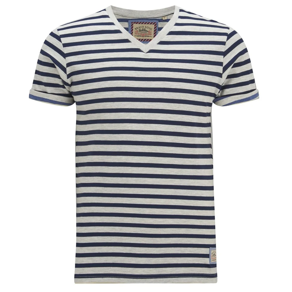 Brave Soul Men's Boson Striped V Neck T-Shirt - Ecru Marl - S - Cream Bild 1