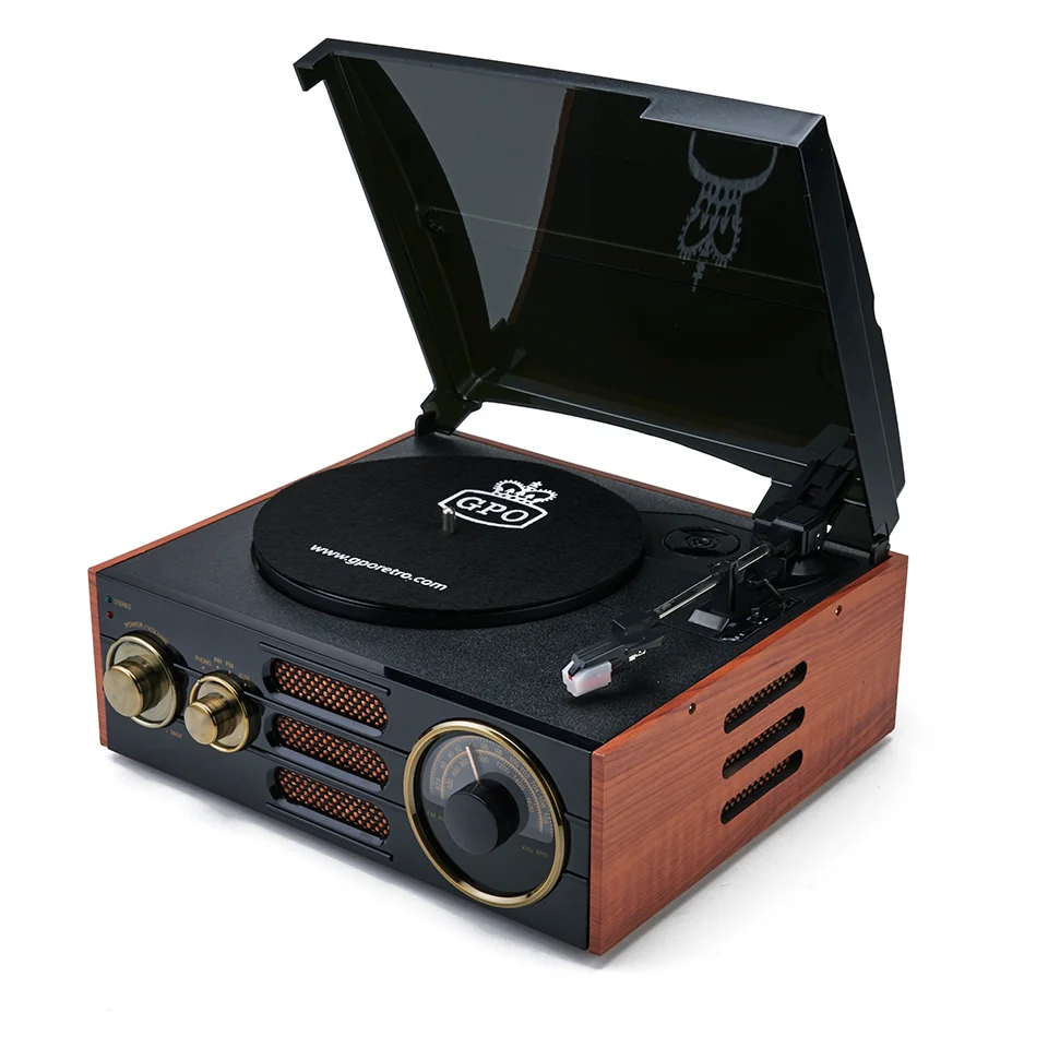 GPO Retro Empire Classic Vintage Style 3-Speed Record Player Turntable with Radio and Built-In Speaker - Black/Brown Bild 1
