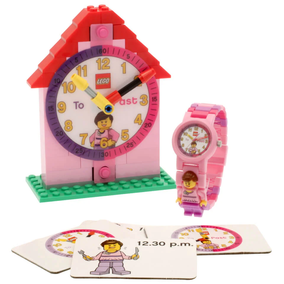 LEGO Zeit Lehrer Pink Mini Figur Armbanduhr und Standuhr Bild 1