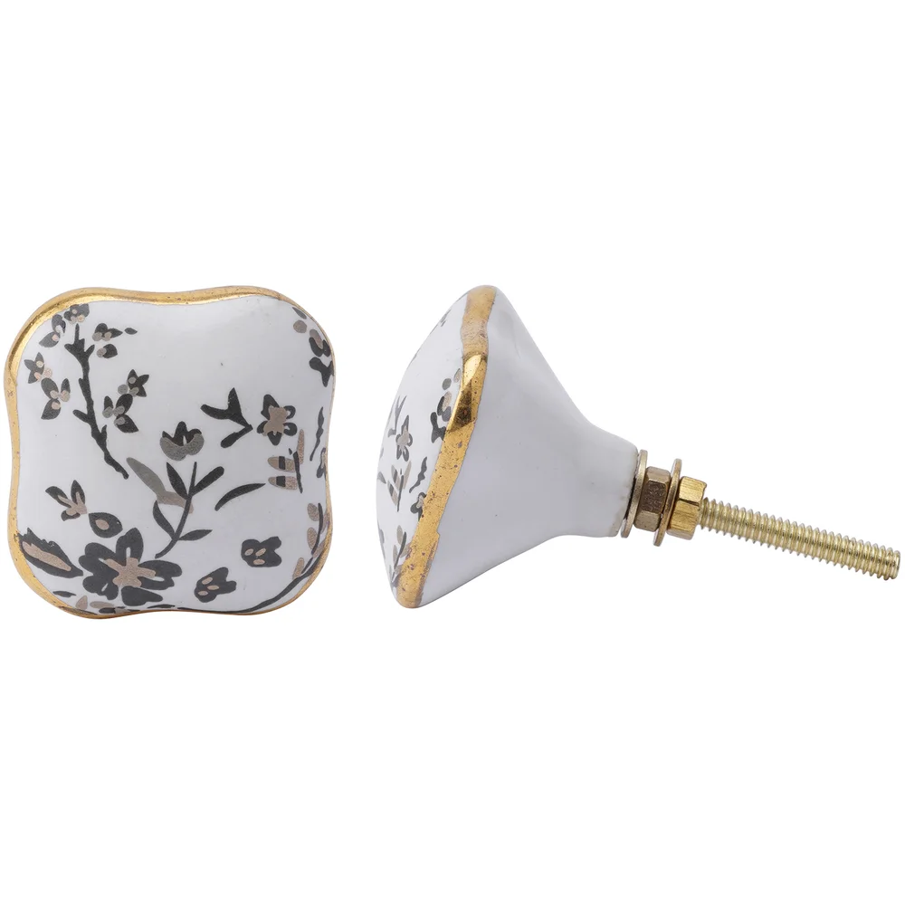 White and Grey Floral Ceramic Drawer Pull Bild 1