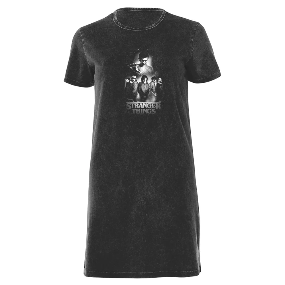 Stranger Things B&W Characters Composition Women's T-Shirt Dress - Black Acid Wash - M Bild 1
