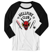 Stranger Things Hellfire Club Unisex Baseball Raglan 3/4 Sleeve T-Shirt - White / Black - undefined undefined