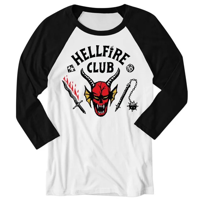Stranger Things Hellfire Club Unisex Baseball Raglan 3/4 Sleeve T-Shirt - White / Black